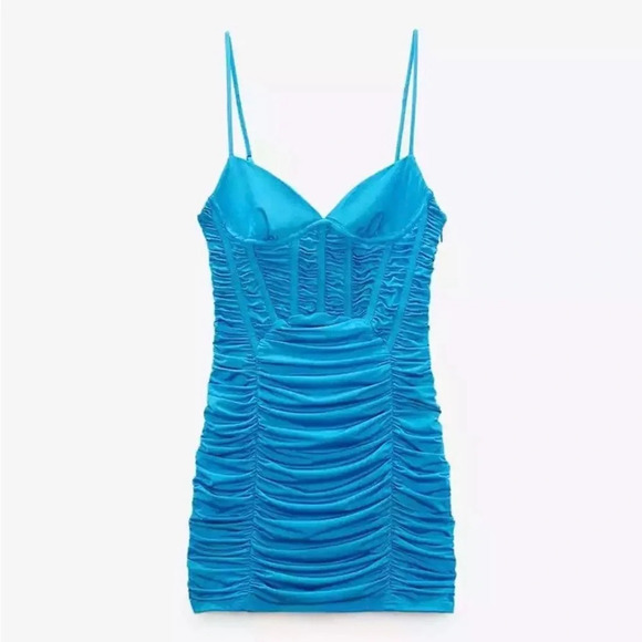Zara Draped Corset Style Ruched Bodycon Mini Dress in Blue Size M - Picture 1 of 15